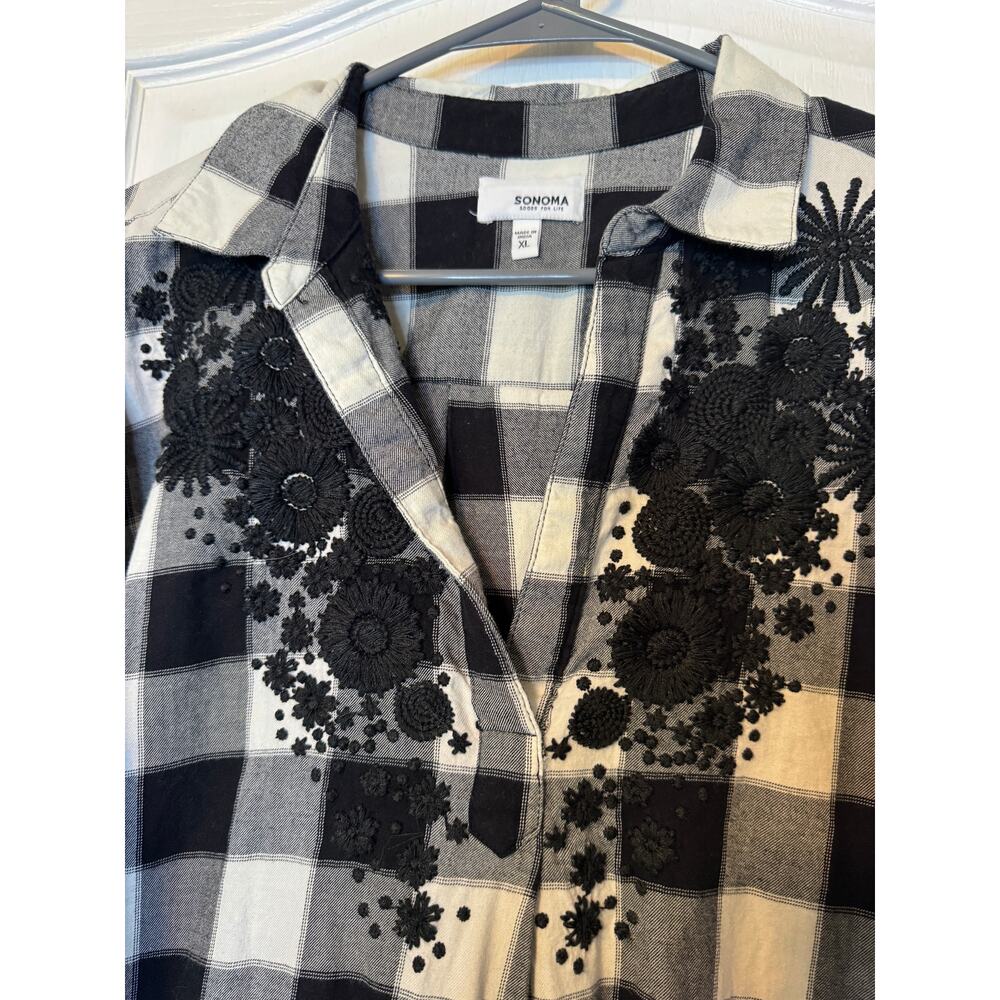 Womens SONOMA Buffalo Plaid Black White Flannel Embroider Top - XL - Picture 4 of 7
